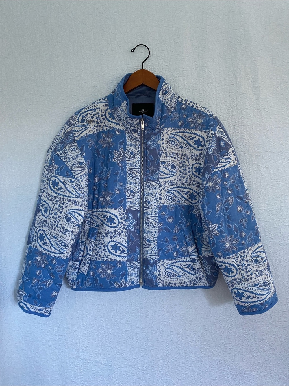 7 For All Mankind Blue Paisley Quilted Puffer Bomber Jacket
